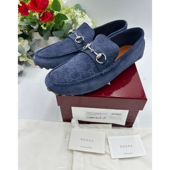 Men\'s Gucci blue suede GG embossed Driver loafer size 11 fits 11.5 made Italy main image 4